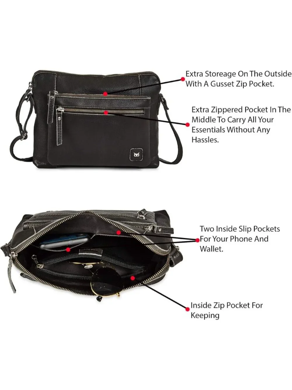 Women's Dark Grey Leather Sling Purse with Adjustable Straps Crossbody bags